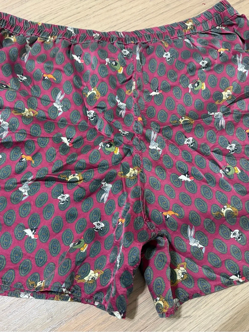 vintage 1990s Looney Tunes Mania 100% silk boxer shorts featuring an all-over ch